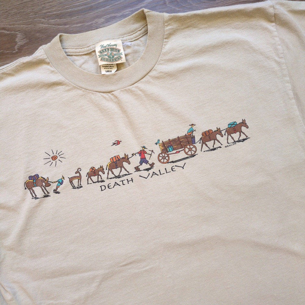 Vtg Fred Harvey Trading Company Death Valley T-Shirt Tan Mule Train Men's Large